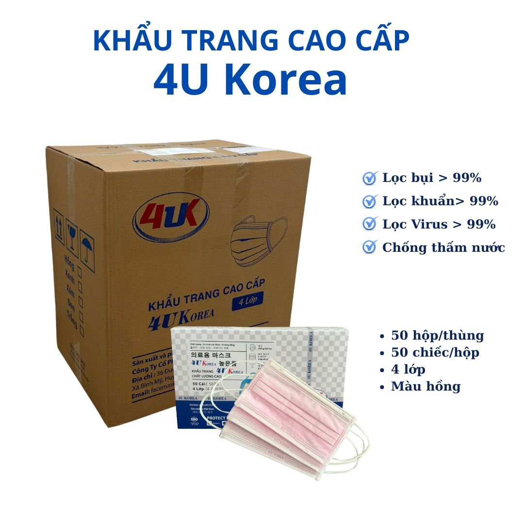 KTYT 4 lớp, màu HỒNG - 4U Korea. Thùng 50 hộp, hộp 50 chiếc