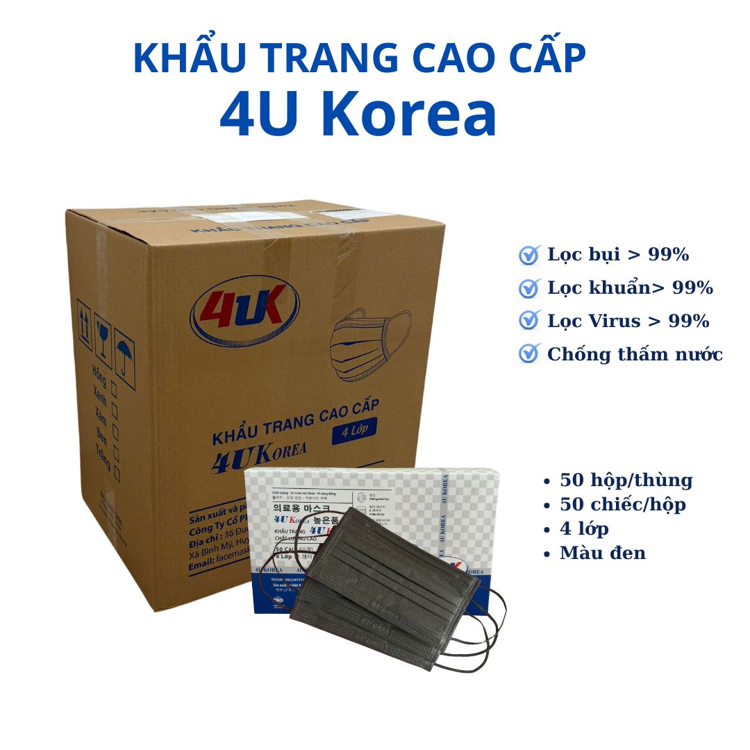 KTYT 4 lớp, màu ĐEN- 4U Korea. Thùng 50 hộp, hộp 50 chiếc